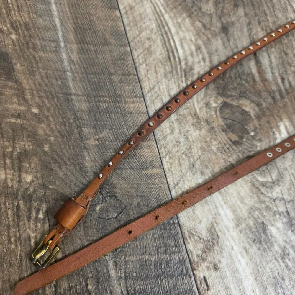 Y2K Brown Studded Leather Skinny Belt Boho Western Festival Distressed Vintage